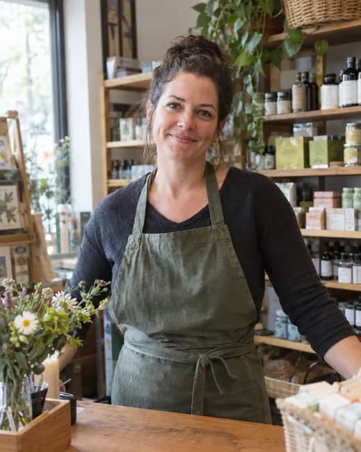A shop owner behind her counter