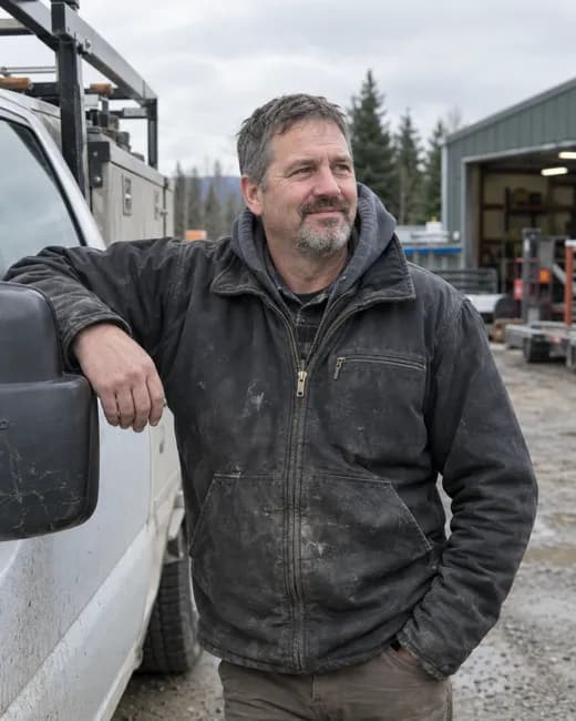 A trades business owner beside his work truck